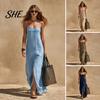 Solid Color Dress Women's Sleeveless Maxi Dress, Square Neck Spaghetti Strap Loose Casual Long Summer Slit Beach Vacation Sundress Women