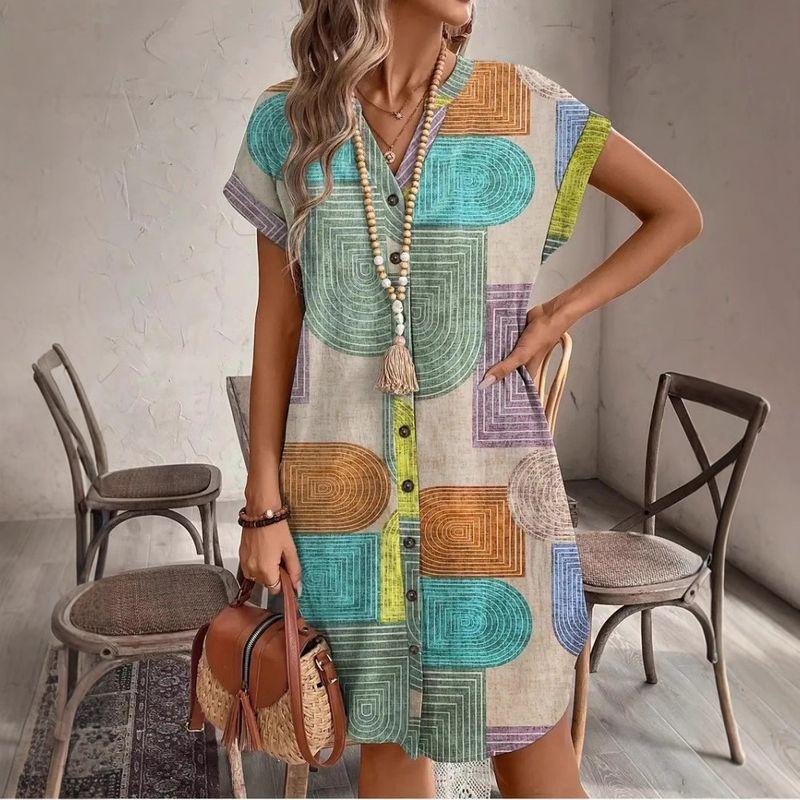 

European and American Women s Clothing Summer Geometric Print Elegance V-neck Buttons Sleeve Dress Women Picture Color S