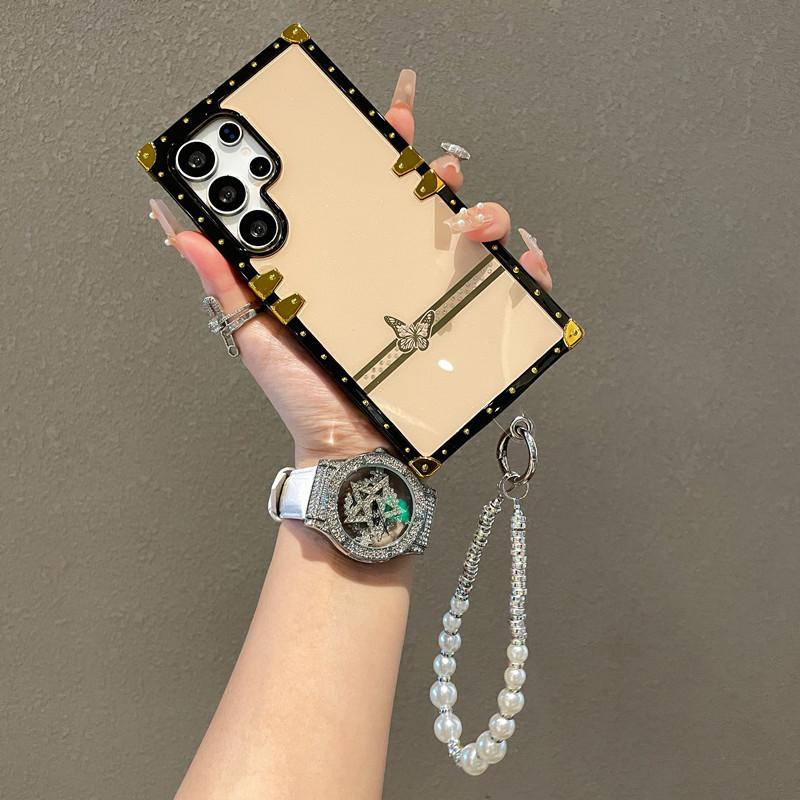 Suitable for Samsung S25 Ultra Mobile Phone Case Light Luxury Feng Shui Rhinestone Butterfly with Hanging Chain New S24 Protective Case