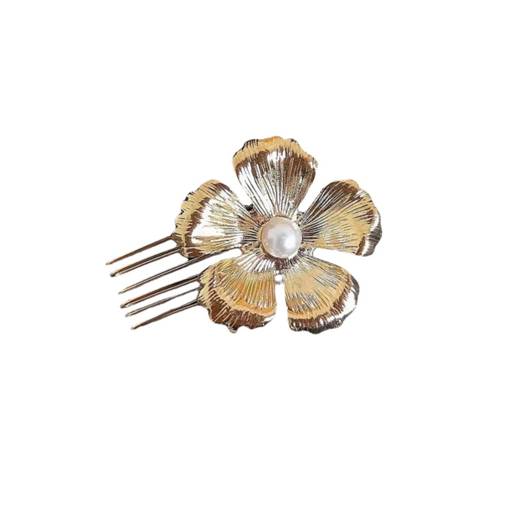 

Pearl Flower Court Style Hairclip Gold Hair Accessory Retro Hair Comb For Women L