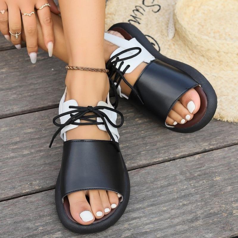 Große Größe flacher Boden Schnürsandalen Damen Sommer neue Farbabstimmung Sandalen Sportsandalen Damen