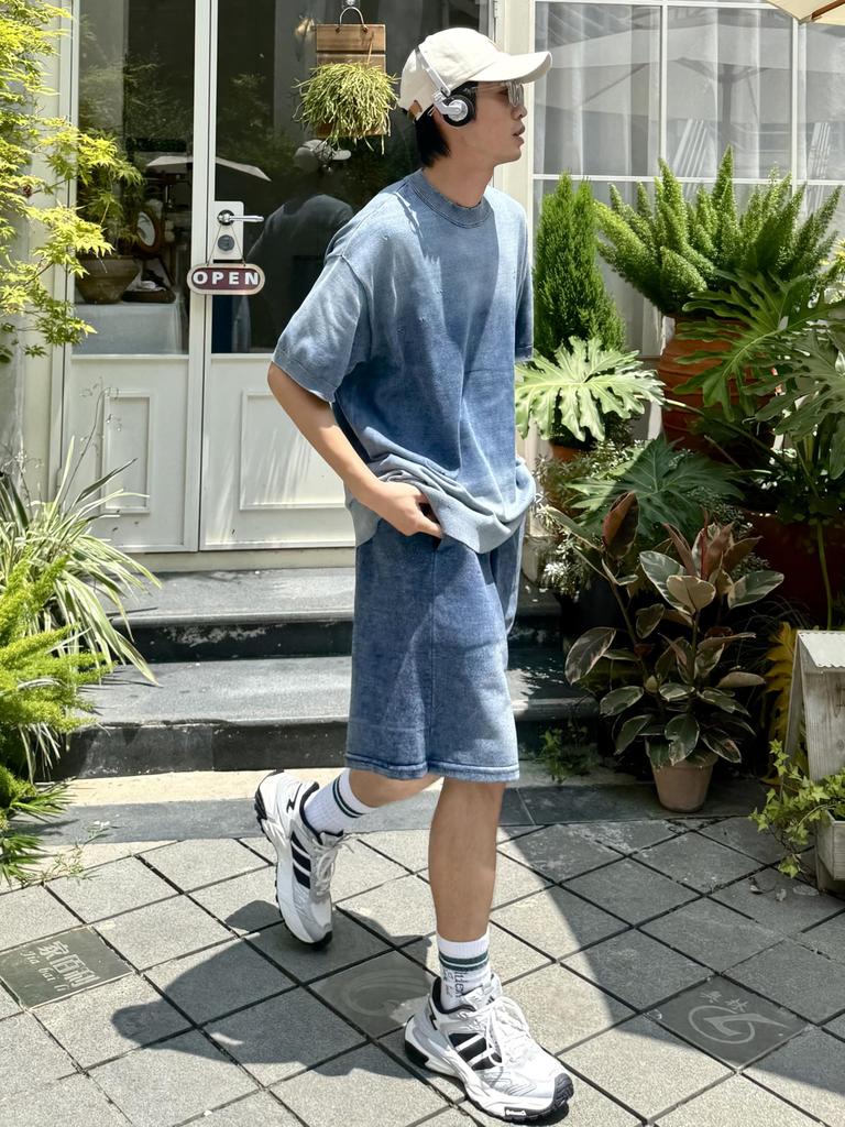 [CHANGE WELL] Men's 2025AW Faded Look Fashion Casual Autumn Clothing [Washed Finish] Big Silhouette Knit Half Pants (INDIGO, XL)