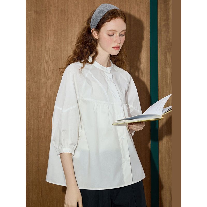 Coolhut2025 Summer New Style French Round Neck White Shirt Women's Loose Casual Long-Sleeved Top