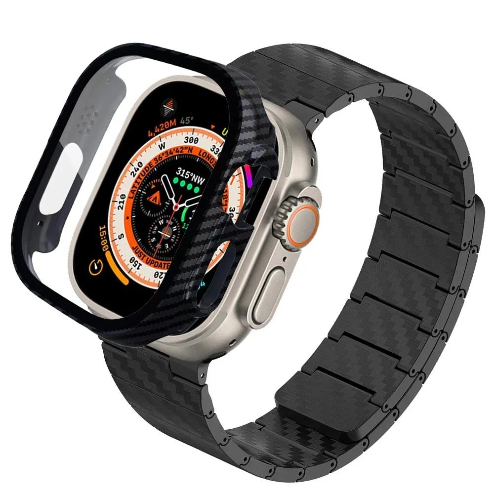 Carbon Fiber Strap+PC Case For Apple Watch Band Ultra 2 49mm 45mm 41mm 44mm 40 42mm Magnetic Bracelet iWatch 9 8 7 6 5 4 3 SE