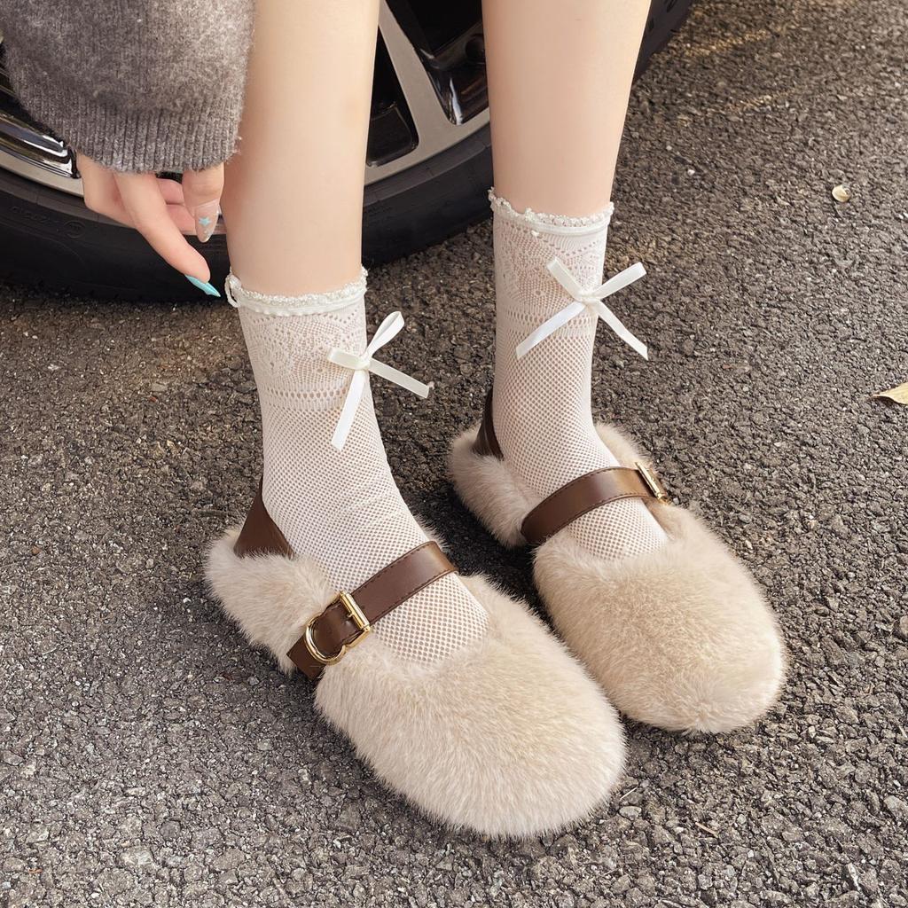 French fluffy shoes for women's outer wear 2025 autumn and winter new one-pedal plush Mary Jane Doudou single shoes cotton shoes