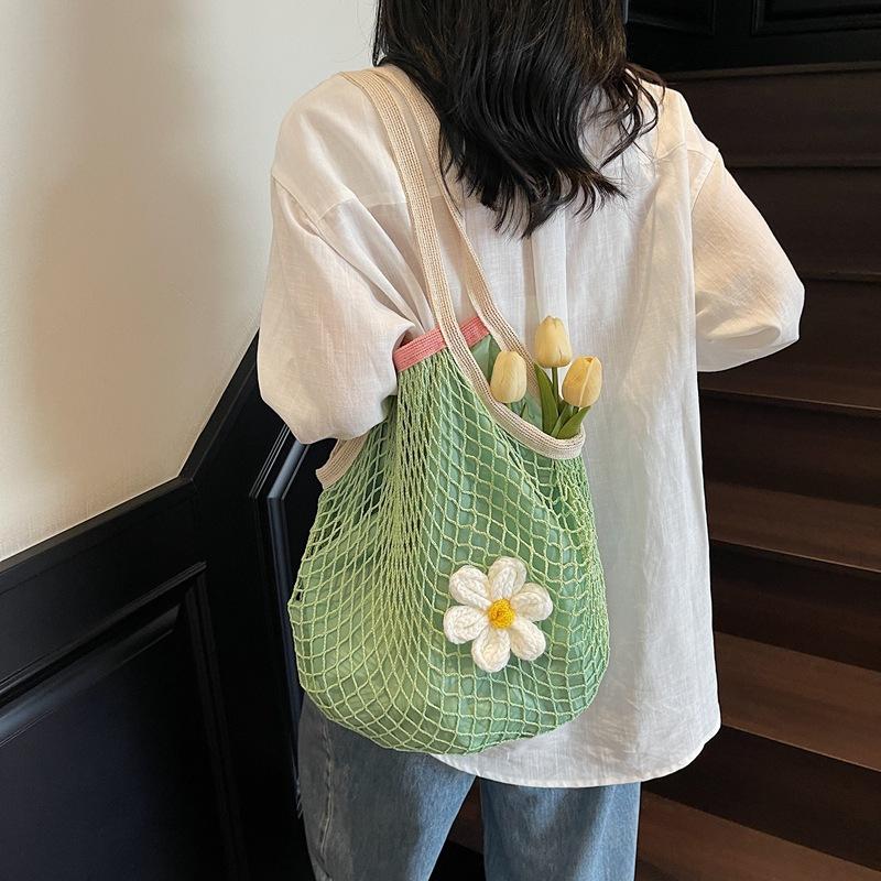 Casual mesh bag retro hollow woven shoulder tote bag large capacity lazy wind beach bag women