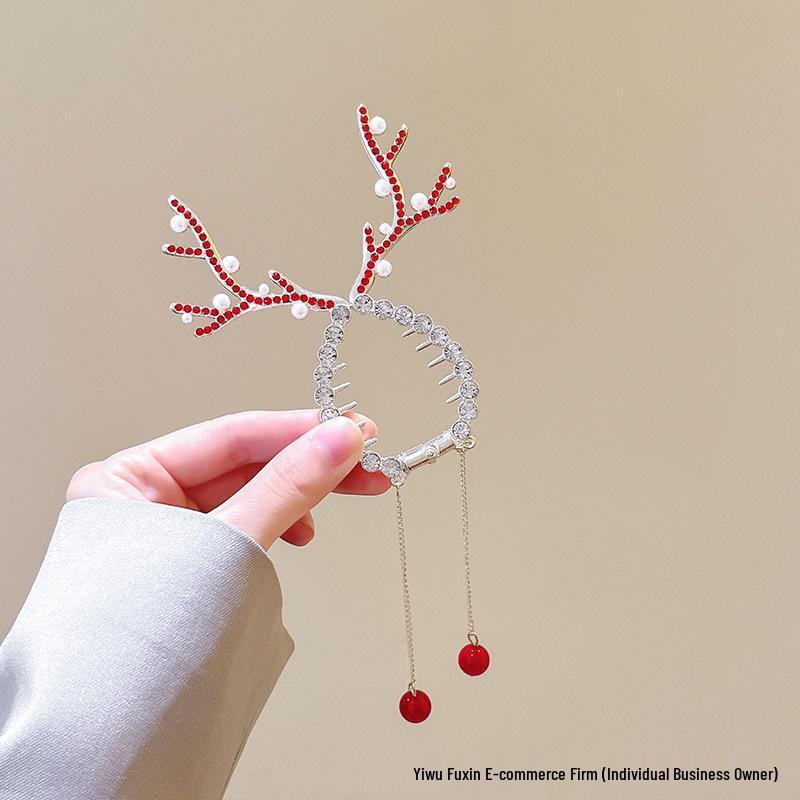 Elegant Christmas Reindeer Antler Hair Clip with Tassels - High Ponytail Styling Claw Clip