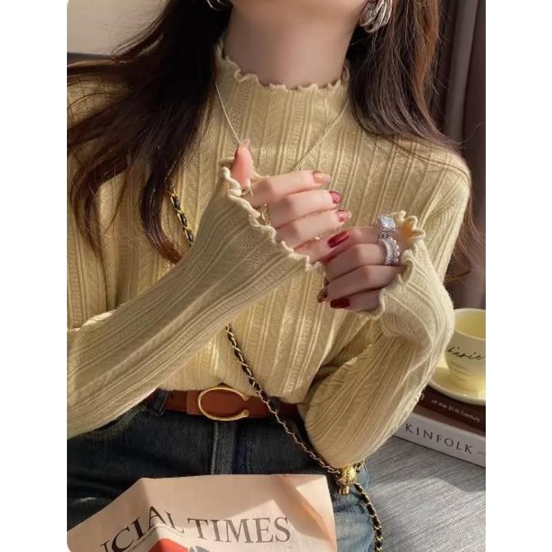 Soft waxy semi-turtleneck knitted sweater for women's autumn and winter with fungus edge age-reducing slim-fitting bottoming top