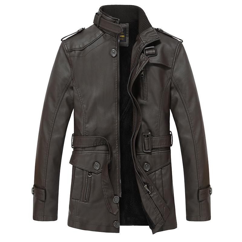 Men's Winter Fleece-Lined Leather Jacket, Mid-Length, Thickened, Casual, Middle-Aged, Warm Cotton Coat