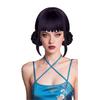 Dunkellila ordentlicher Pony langes Haar kurzes lockiges Haar Dutt synthetische Kurzhaarperücke | Animation KPop Dämonenjäger Figur Zoe Cosplay