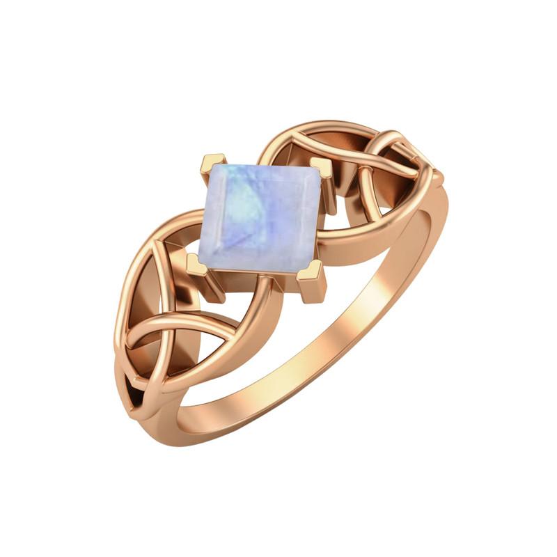5MM Square Moonstone Gemstone 925 Sterling Silver Rose Plated Solitaire Celtic Women s Engagement Ring 8.5