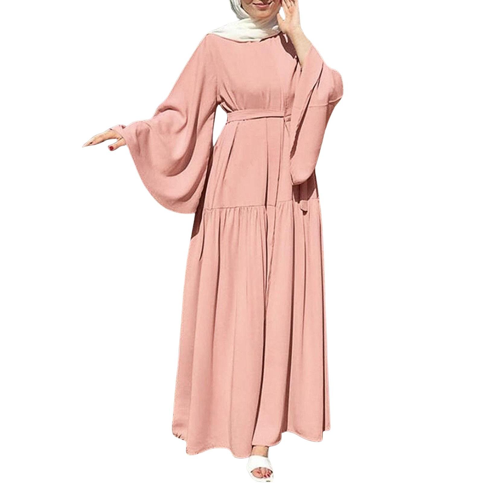 

Мусульманские женские платья для отпуска с расклешенными рукавами и поясом на подоле, длинные M розовый