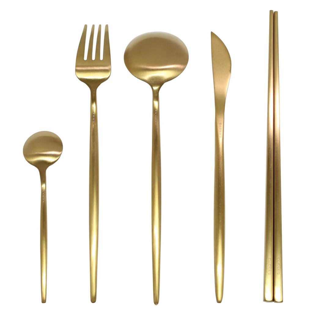LEREVE Brand Cutlery 10 Colors Dinner Cutlery Gold Set, Arete, Available, Knife, Fork, Spoon, Teaspoon, Chopsticks, 5-Piece Set,