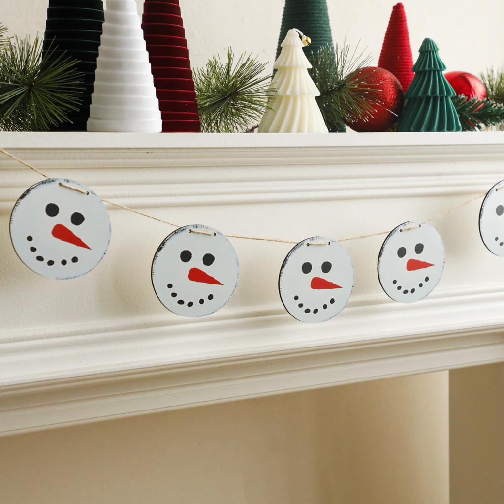 Christmas Snowman Garland Banner Wooden Round Snowman Face Hanging Decor Festive Bunting for Home Fireplace, Mantel & Xmas Party