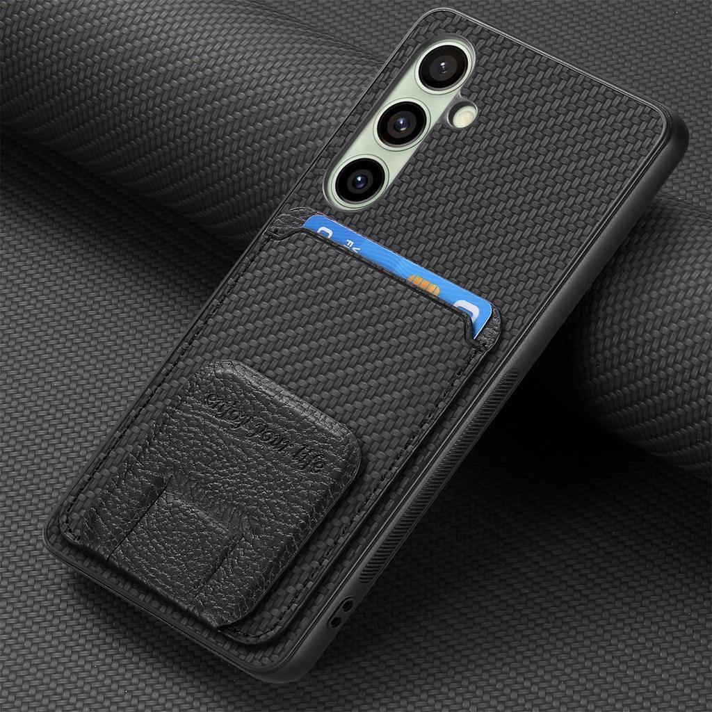 For Samsung Galaxy S25+ Case Card Holder Carbon Fiber Texture Leather Coated TPU Phone Cover