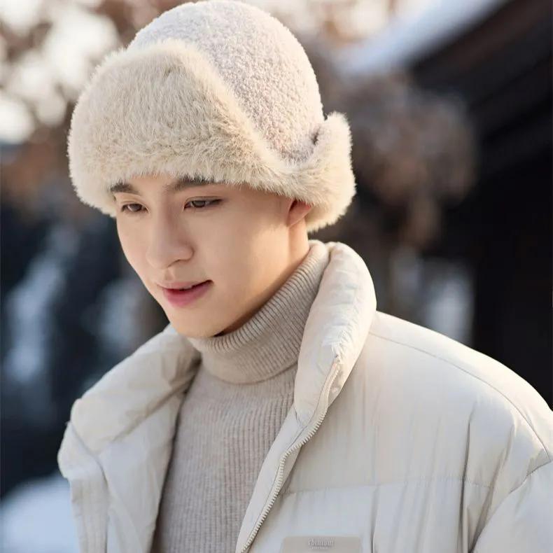 WTEMPO Men's Outdoor Faux Fur Solid Color Soft Plush Cycling Hats Autumn Winter Windproof Cold-proof Warm Bomber Hats