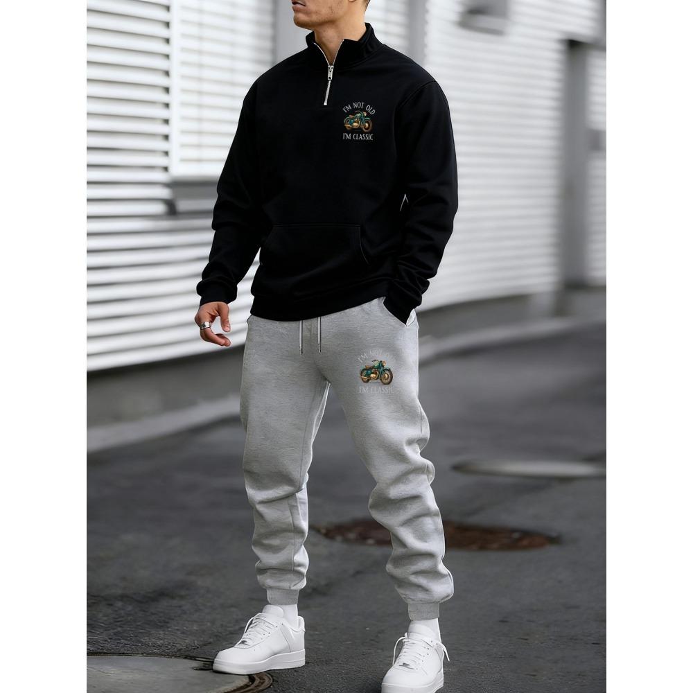

Vintage Motorcycle Style Print, New Men s Zipper Sports Shirt and Pants Two Piece Set, Casual Sports Autumn and Winter Men s Clothing S