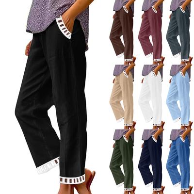 Women's Fashion Solid Color Pocket Elastic Waist Versatile Cotton Lace Casual Sports Pants