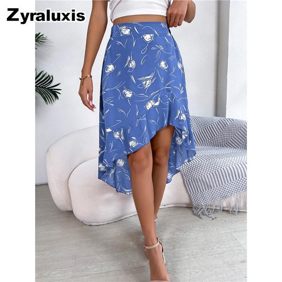 Spring/Summer Floral Asymmetrical Ruffled Midi Skirt for Women s Clothing S светло-синий