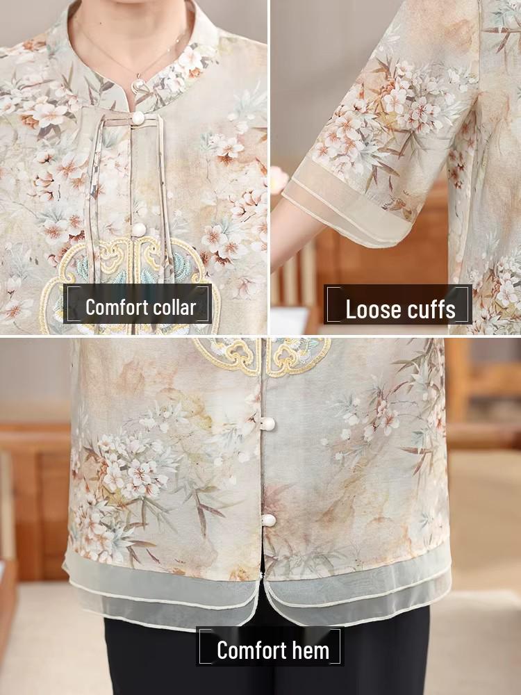 Chinesischer Stil Sommer-Sets mit kurzen Ärmeln für Frauen mittleren Alters & ältere Frauen - Stilvolle T-Shirts & Hemden für Mütter, Perfektes Geschenk zum Muttertag