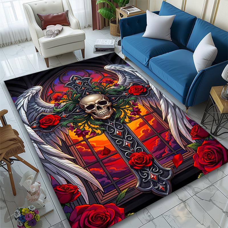 1pc Skull Skeleton Art Rug, Digital Printed Home Chair Sofa Mat, Durable Office Area Carpet, Beautiful Festival Decorations