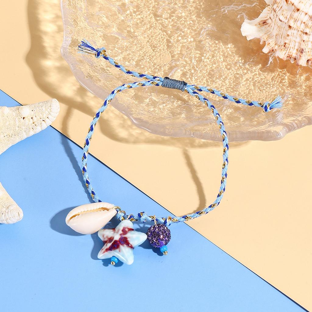 1pc Blue Bohemian Starfish Necklace - Woven Color Rope Chain with Shell/Starfish/Ceramic Pendants, Adjustable 80cm Length, Ideal