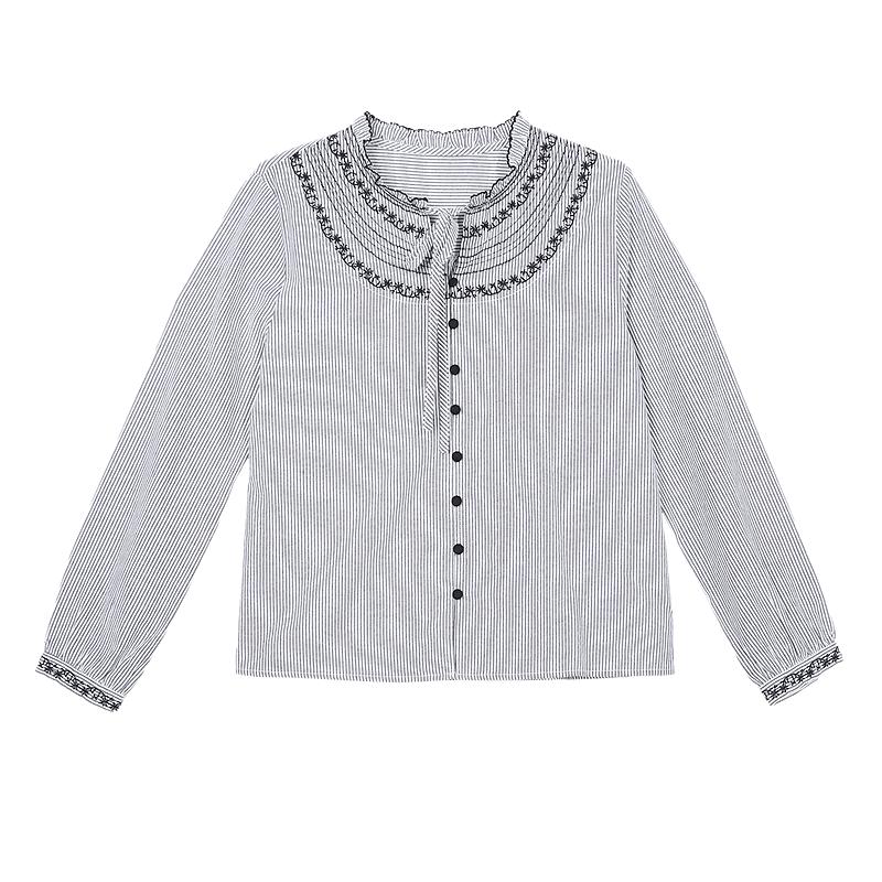 Betu Women's Hand-Embroidered Striped Cotton-Feel Long Sleeve Shirt