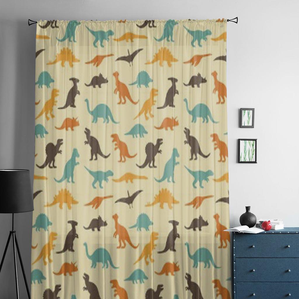 Dinosaur Animal Illustration Retro Pattern Background Chiffon Sheer Curtains Living Room Bedroom Window Voiles Tulle Curtain