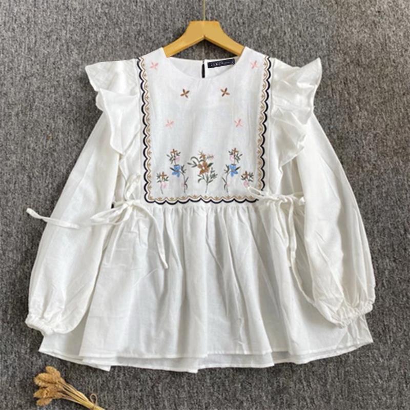 

ZANZEA Женские весенние блузки с круглым вырезом и длинным рукавом с оборками и цветочным принтом