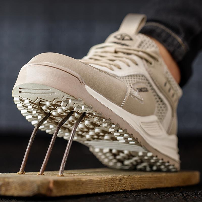 Calçados de segurança de malha respirável para homens, tênis de trabalho, calçados anti-esmagamento indestrutíveis, leves, com biqueira de aço, calçados de trabalho masculinos