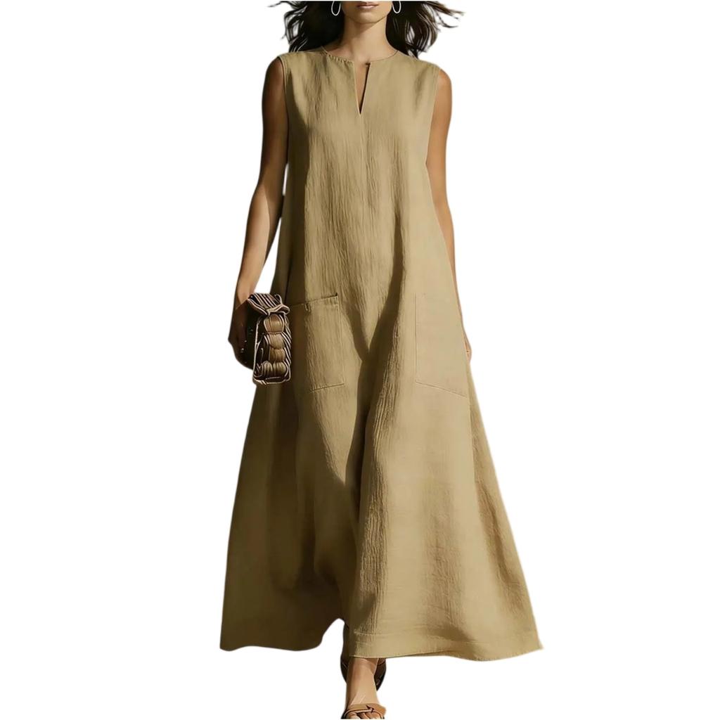 Sleeveless Long Maxi Dress for Women with Pocket Casual Loose Fit Crew Neck Summer Lightweight Sundress