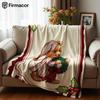 Vintage Stripe Xmas Bear Cartoon Anime Print Flannel Blanket Soft Warm Throw for Kids Bedroom Sofa Christmas Office Car