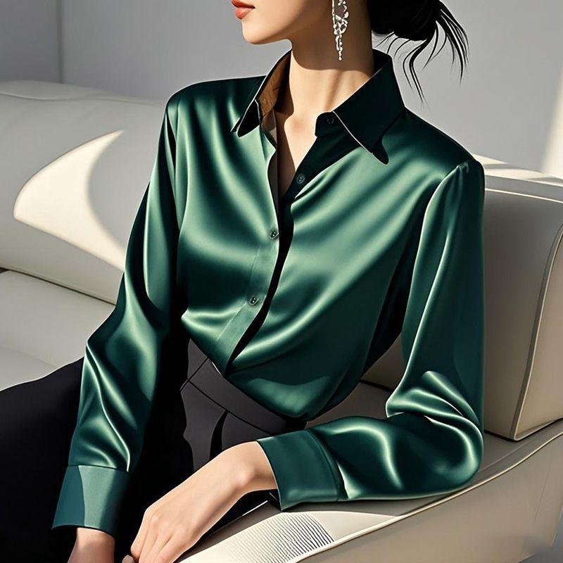 Damenmode, lässig, Frühling und Herbst, einfarbig, langärmelig, Polo-Ausschnitt, Blusen und Hemden