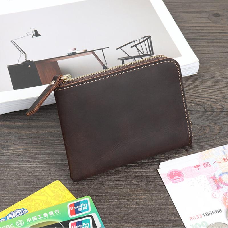 Handmade Crazy Horse Leather Wallet Retro Small Coin Money Bags Simple Wallets Zipper Pouch Card Holdes