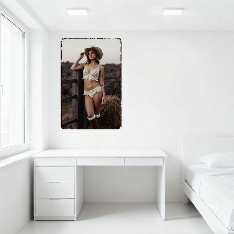 Sexy Vintage Cowgirl Metal Tin Sign Rustic Field Hay Bales Wooden Fence Outdoor Wall Decor for Bar Home Cafe, 8x12 Inch
