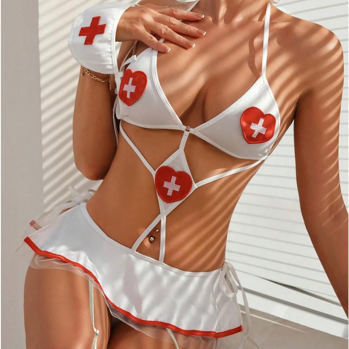 European & American Sexy Nurse Role Play Lingerie Bodysuit