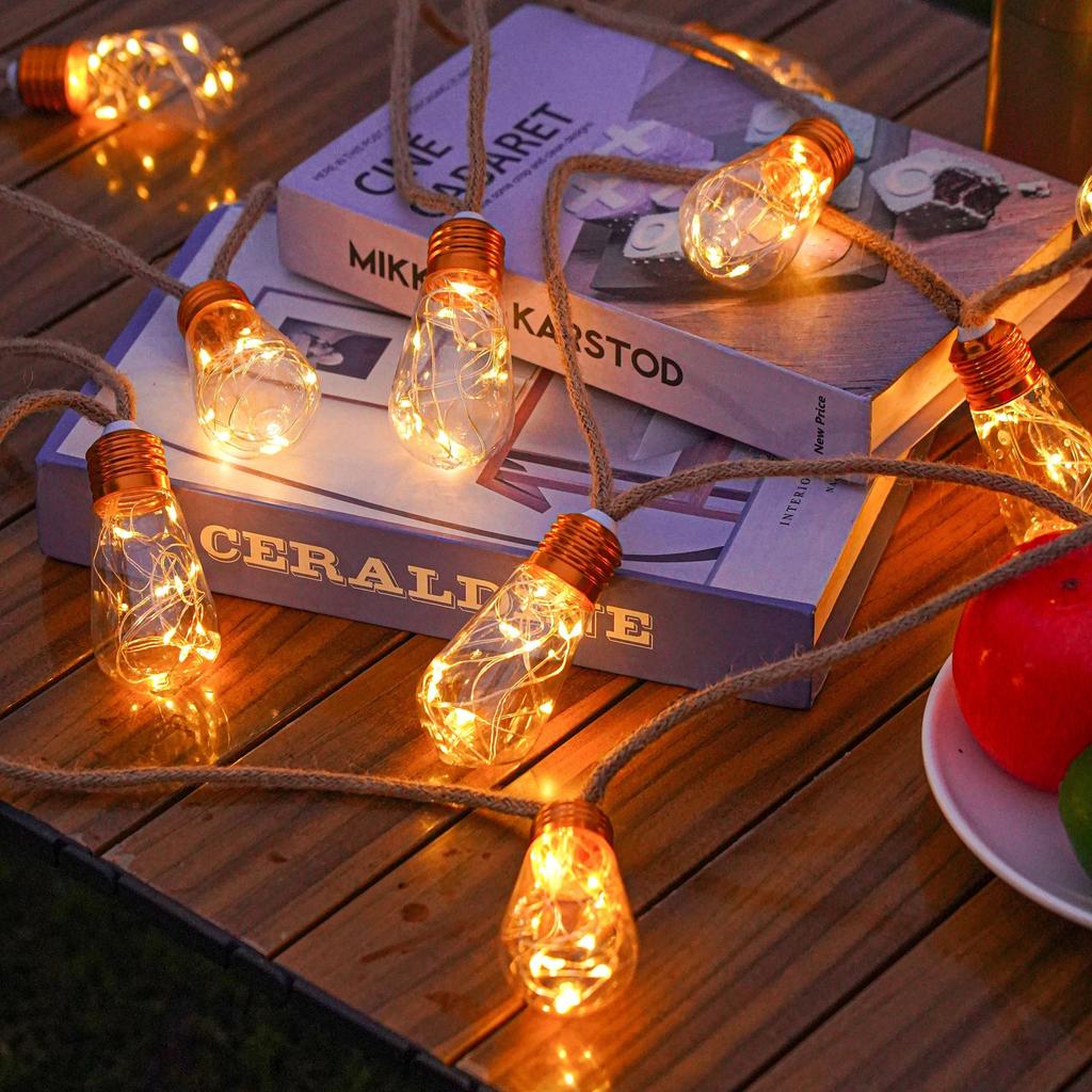 Solar String Light Outdoor Vintage Hemp Rope Patio Light Waterproof Hanging Light for Yard Fence Garden Bistro Christmas Decor