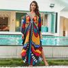 2023 Multicolored Kaftan Bohemian Printed V-neck Batwing Sleeve Street Wear Maxi Dress Women Beach Wear Swim Suit Cover Up Q8759