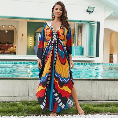 2023 Multicolored Kaftan Bohemian Printed V-neck Batwing Sleeve Street Wear Maxi Dress Women Beach Wear Swim Suit Cover Up Q8759