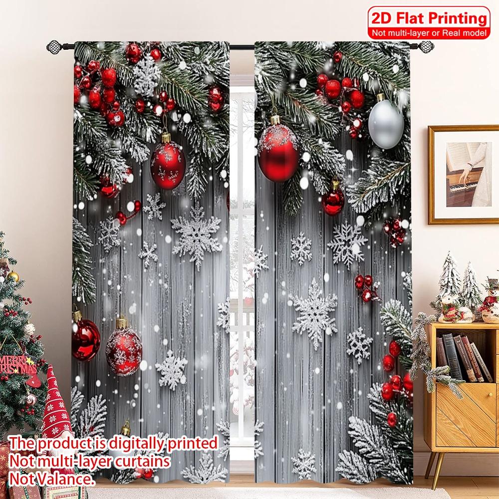 2D Flat Printing 2pcs Christmas Window Curtains With Snowflakes_ Red Balls and Green Plants Durable 100% Polyester Fabric