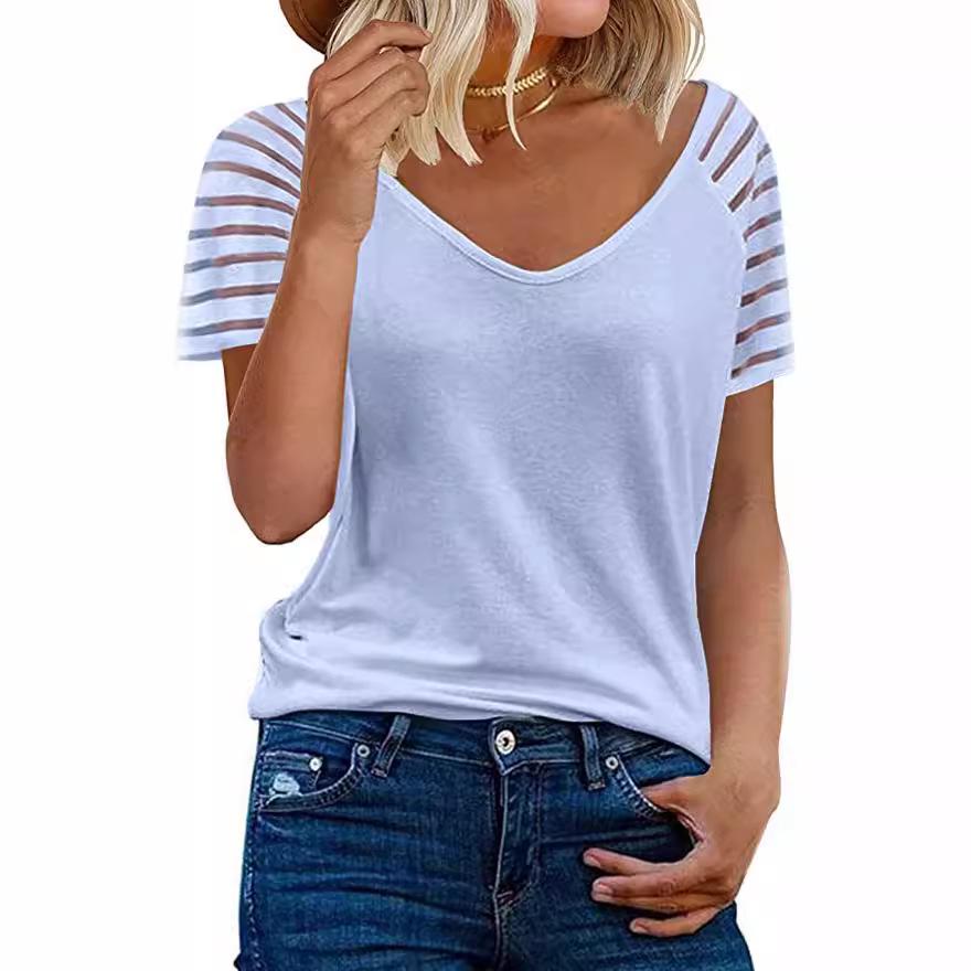 Women's European & American Summer V-neck Mesh Solid Short Sleeve Casual Loose T-shirt (2021)