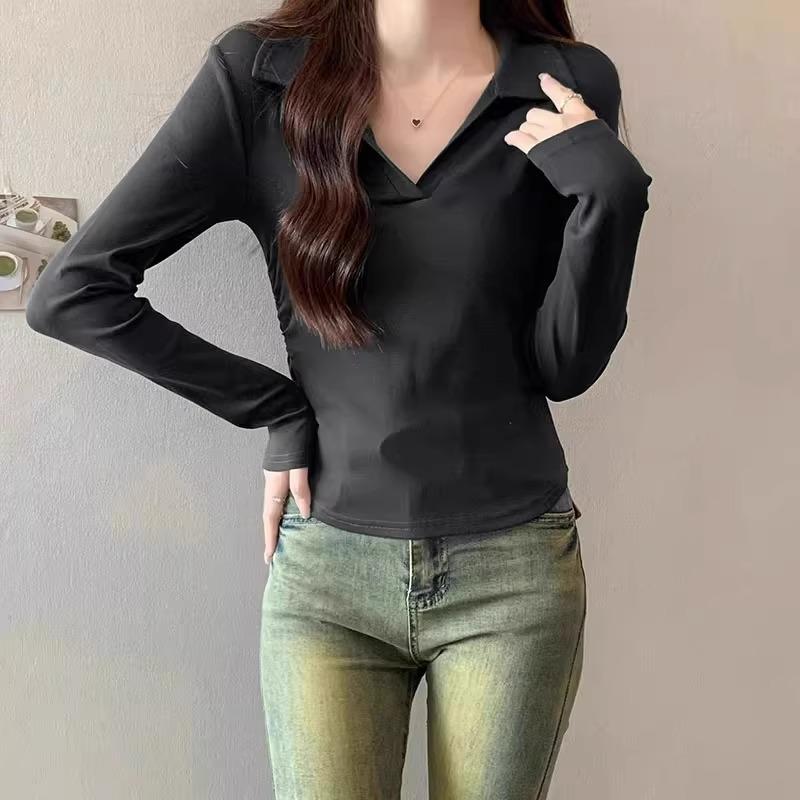 Korean polo collar long-sleeved mask T-shirt women's autumn and winter new design sense pleated waist unique chic bottoming shirt