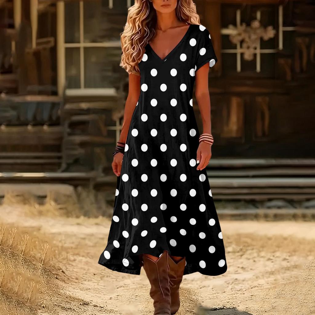 Fashionable Women's Summer V-neck Short Sleeved Retro Floral Print Beach Dress