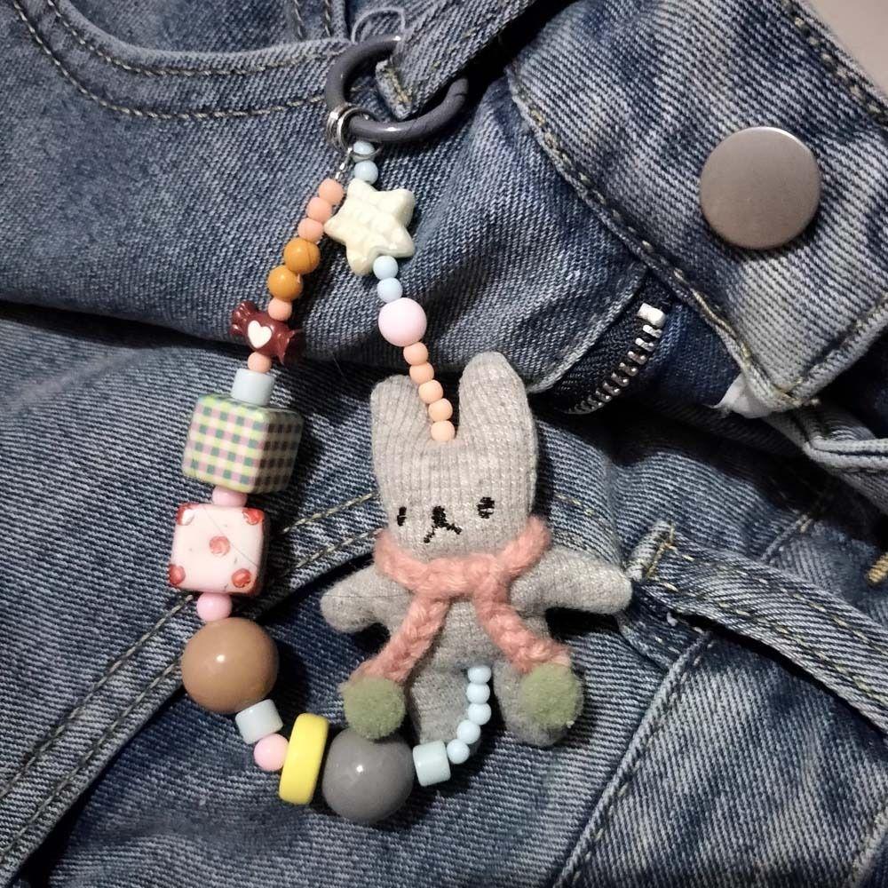 Short Bracelet Rabbit Phone Strap Bag Charm Beaded Phone Chain Mobile Phone Lanyard  Bag Keychains