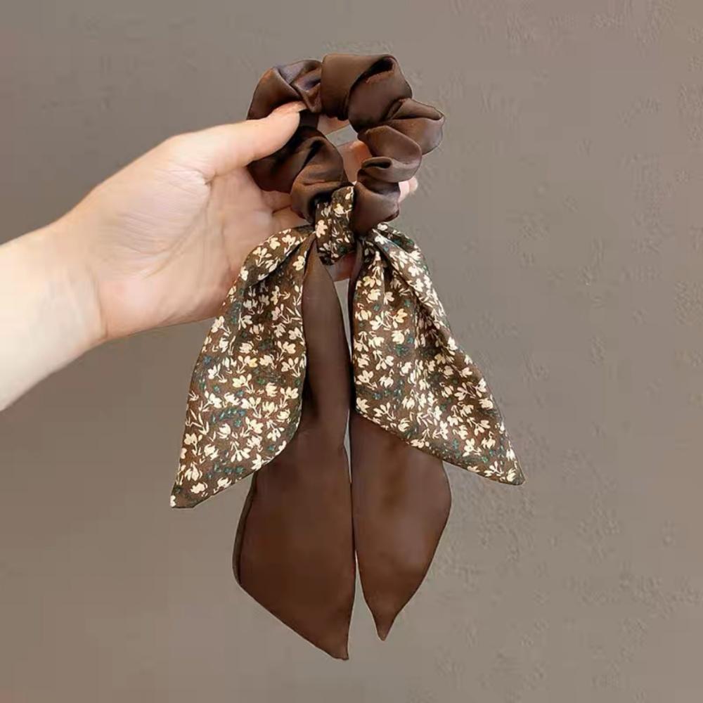 1Pc Vintage Floral Bow Scrunchie, Long Ribbon Hair Accessory for Elegant Hairstyle, Perfect for Date & Party