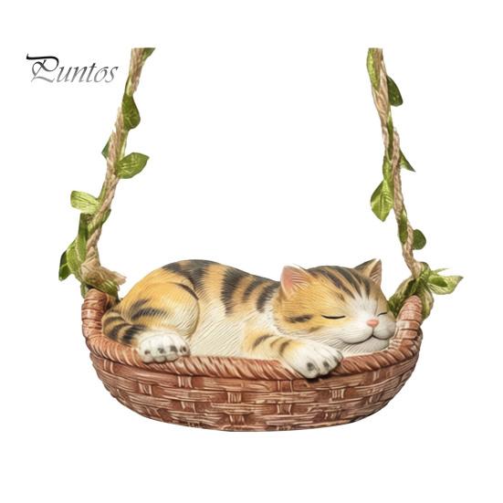 Unique Housewarming Present Hanging Basket Cat Statue, Cute Sleeping Kitten Figurine, Outdoor Decorative Resin Ornament for Garden Patio Porch