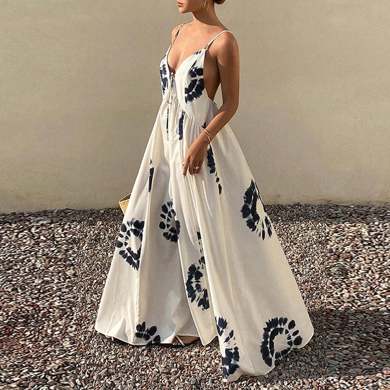 European and American Sexy Elegant Temperament Backless Suspender Loose Vacation Style Long Skirt for Women