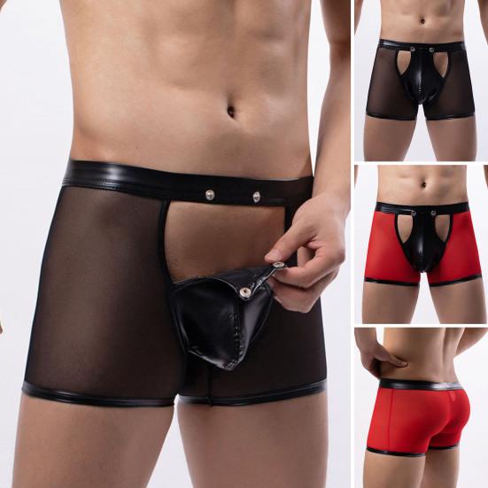 Sexy Men Underpants Button Easy Open Hollow Low Waist See-through Mesh Faux Leather Patchwork Thin Soft Breathable Pouch Boxers Male Underwear