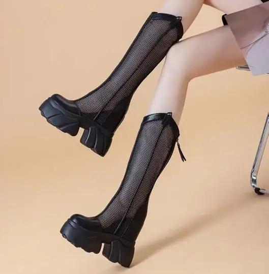 Fashion 11CM Air Mesh Ankle Boots Microfiber Leather Summer Fashion Shoes Knee High Booties Platform Wedge Flats Hollow Sandals Women