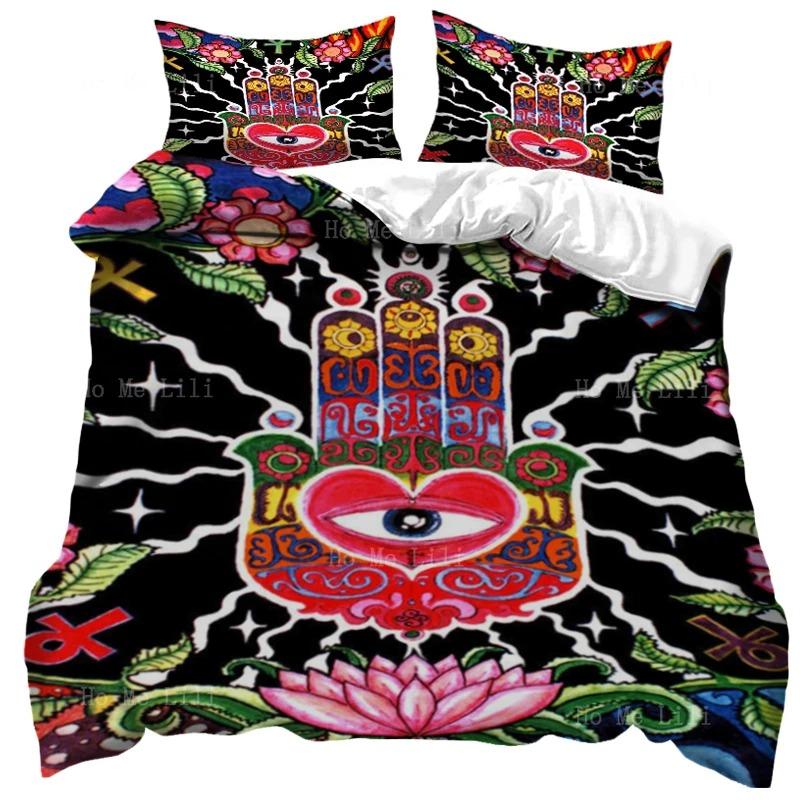 Hamsa Hand King Queen Bedding Set Hand of Fatima Duvet Cover Boho Mandala Black Gold Lucky Hand Polyester Quilt Cover